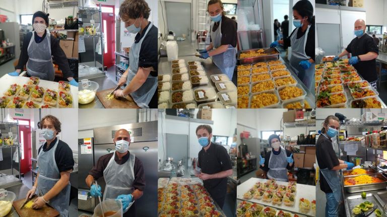 Emergency food response volunteers with fresh food