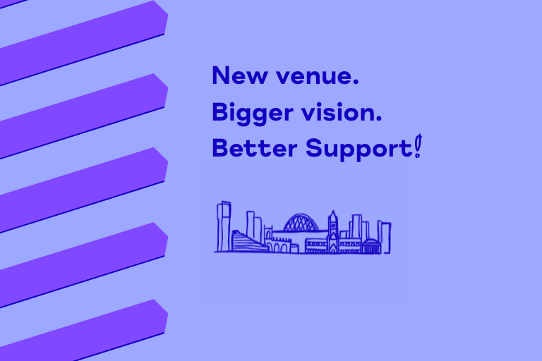 New venue. Bigger vision. Better Support! with Manchester skyline.